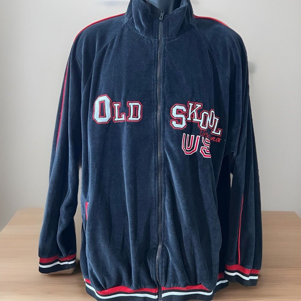 Old Skool Men Urban Wear Vintage Full Zip‎ Track Jacket Black Velvet Y2K Hip Hop